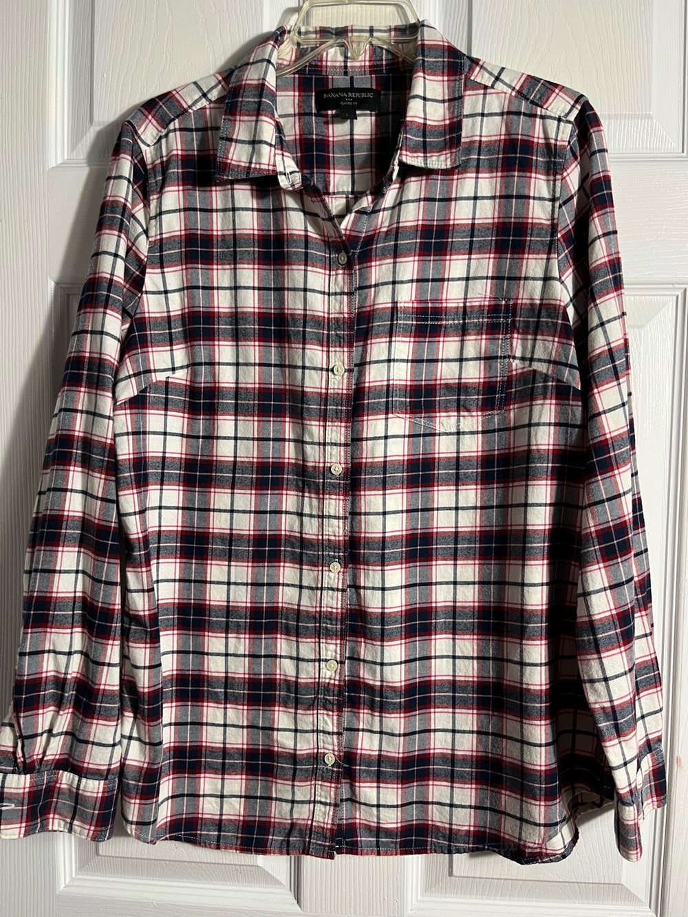 Banana Republic White Plaid Shirt with Navy & Red Accents L